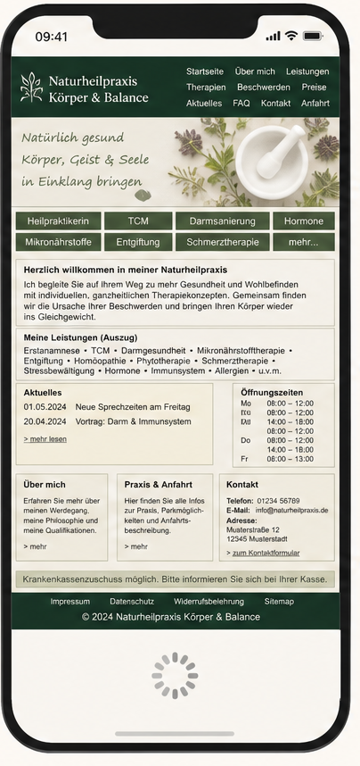 Vorher: Typische alte Praxis-Website auf dem Handy – überladen, kleine Schrift, unklare Struktur.
